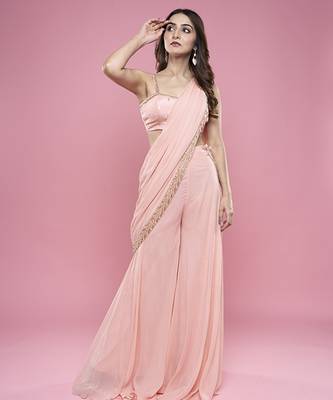 Pink chiffon plain saree with embroidered blouse 2
