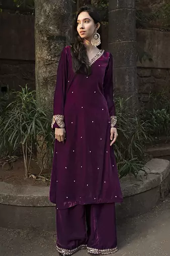 Wine velvet embroidered kurta & pant set