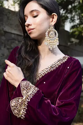 Wine velvet embroidered kurta & pant set