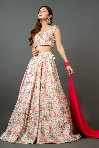 white Silk printed Lehenga