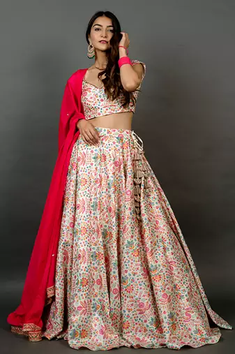 white Silk printed Lehenga