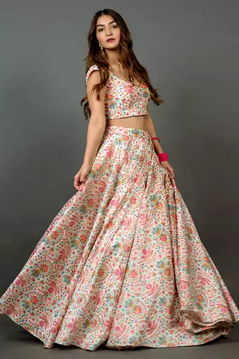 white Silk printed Lehenga