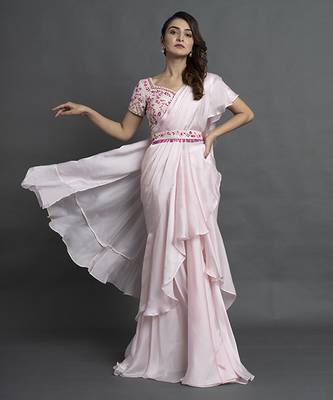 Pink satin plain saree with embroidered blouse & belt 1