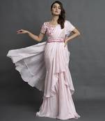 Pink satin plain saree with embroidered blouse & belt