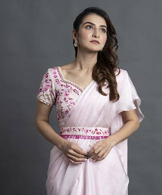 Pink satin plain saree with embroidered blouse & belt 2