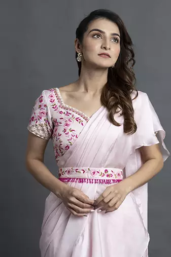 Pink satin plain saree with embroidered blouse & belt