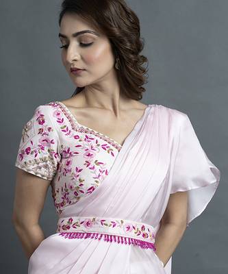Pink satin plain saree with embroidered blouse & belt 3
