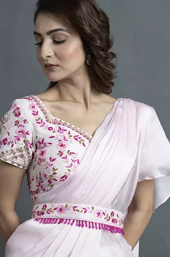 Pink satin plain saree with embroidered blouse & belt