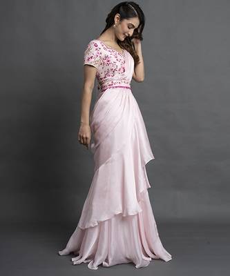 Pink satin plain saree with embroidered blouse & belt 4