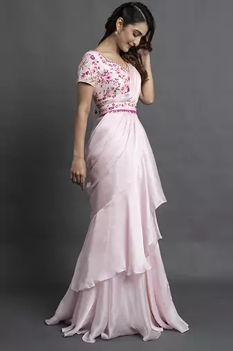 Pink satin plain saree with embroidered blouse & belt