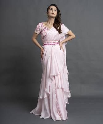 Pink satin plain saree with embroidered blouse & belt 5