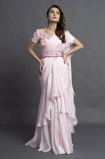 Pink satin plain saree with embroidered blouse & belt