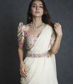 White georgette plain saree with printed blouse