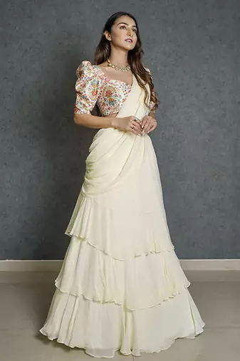White georgette plain saree with printed blouse