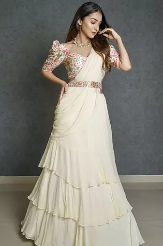 White georgette plain saree with printed blouse
