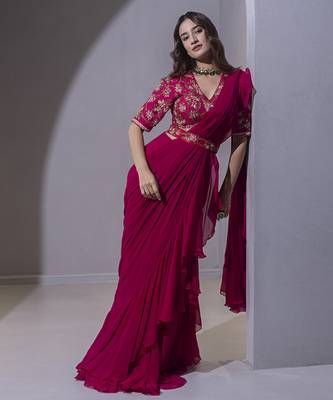 Pink organza plain saree with embroidered blouse & belt 1