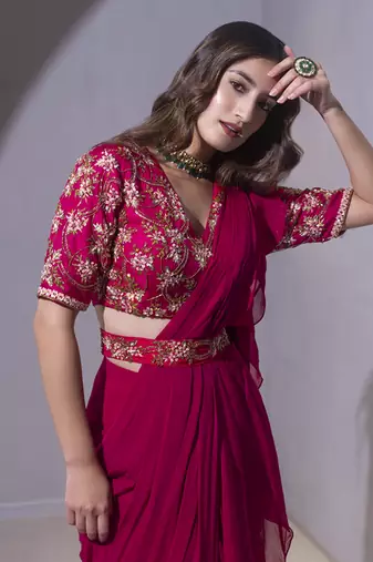 Pink organza plain saree with embroidered blouse & belt