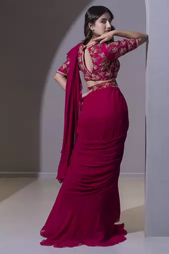 Pink organza plain saree with embroidered blouse & belt
