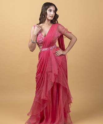Pink organza plain saree with embroidered blouse 1
