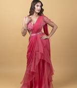 Pink organza plain saree with embroidered blouse