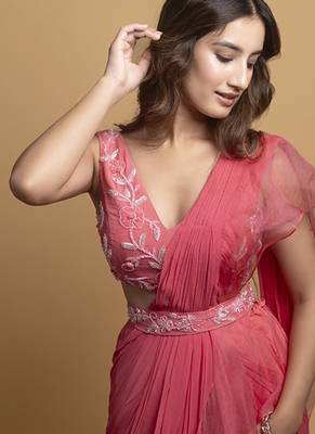 Pink organza plain saree with embroidered blouse 2