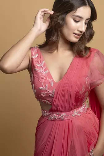 Pink organza plain saree with embroidered blouse