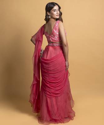 Pink organza plain saree with embroidered blouse 4