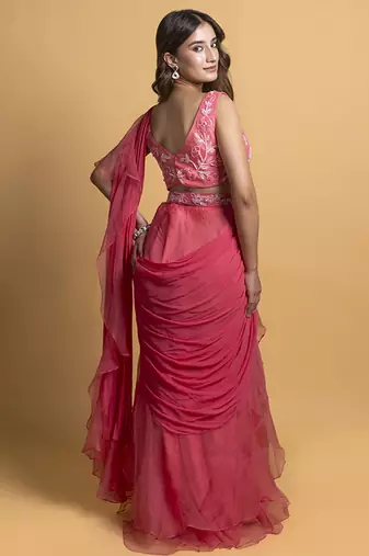 Pink organza plain saree with embroidered blouse