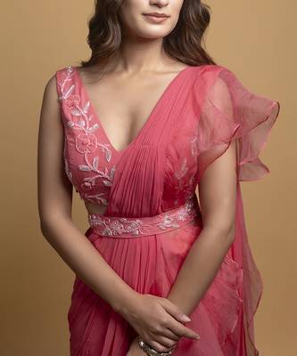 Pink organza plain saree with embroidered blouse 5