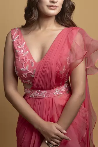 Pink organza plain saree with embroidered blouse