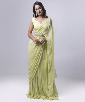 Green georgette plain saree with embroidered blouse & belt 1