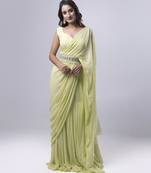 Green georgette plain saree with embroidered blouse & belt