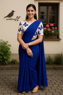 Blue khadi cotton plain saree with stiched blouse 1