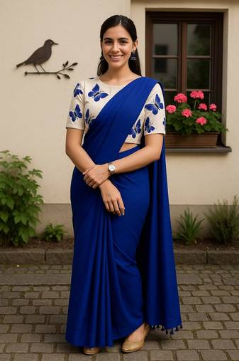 Blue khadi cotton plain saree with stiched blouse