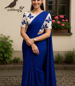 Blue khadi cotton plain saree with stiched blouse