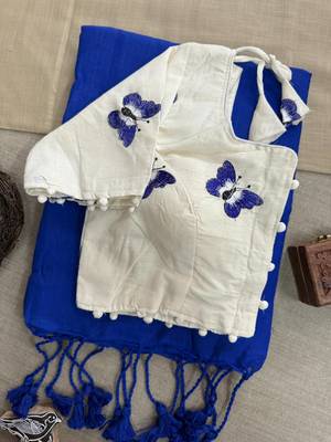 Blue khadi cotton plain saree with stiched blouse 2