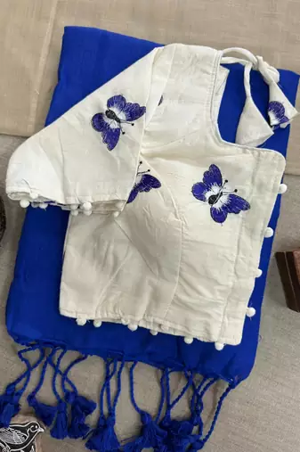 Blue khadi cotton plain saree with stiched blouse