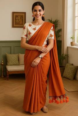 Brown khadi cotton plain saree with stiched blouse 1