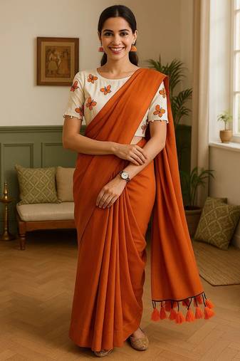 Brown khadi cotton plain saree with stiched blouse