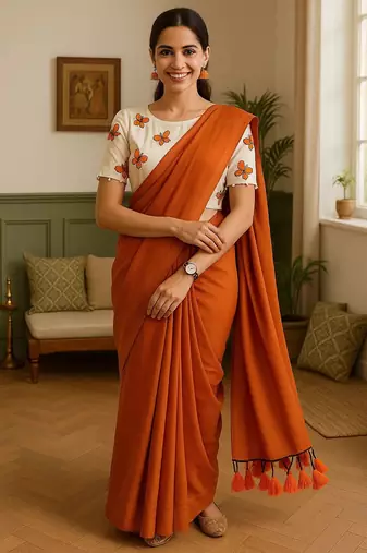Brown khadi cotton plain saree with stiched blouse