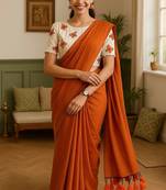 Brown khadi cotton plain saree with stiched blouse