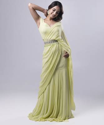 Green georgette plain saree with embroidered blouse & belt 2