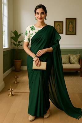 Green khadi cotton plain saree with stiched blouse 1