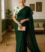 Green khadi cotton plain saree with stiched blouse