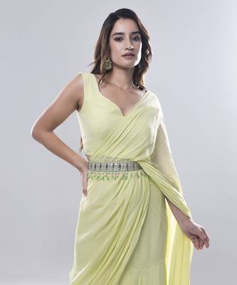 Green georgette plain saree with embroidered blouse & belt 3