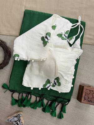 Green khadi cotton plain saree with stiched blouse 2