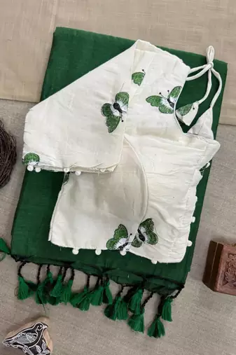 Green khadi cotton plain saree with stiched blouse