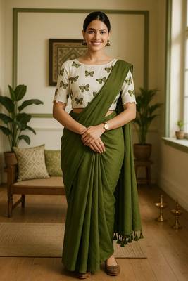 Mahendi khadi cotton plain saree with stiched blouse 1