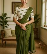 Mahendi khadi cotton plain saree with stiched blouse
