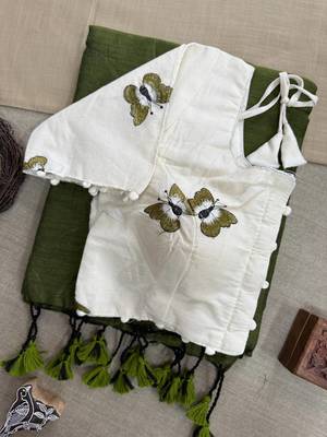 Mahendi khadi cotton plain saree with stiched blouse 2